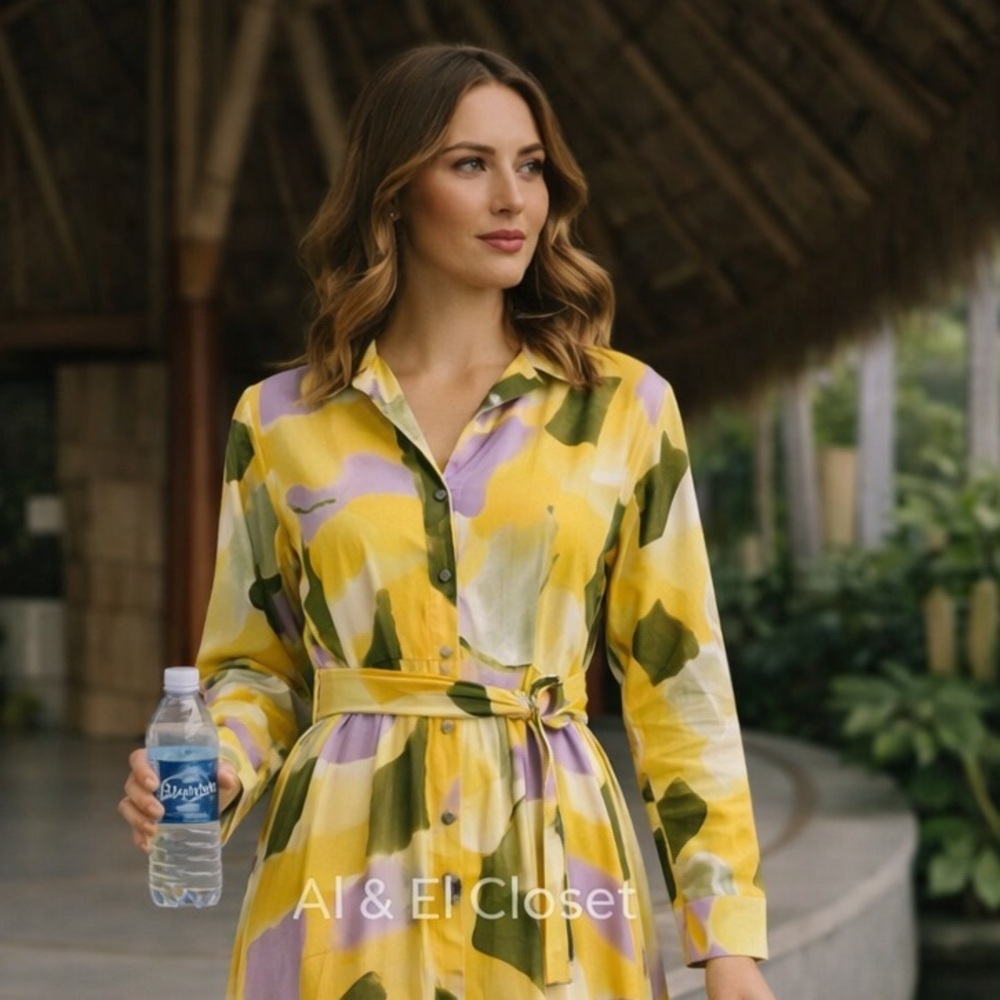 French Connection Long Shirt Dress Multicolor Abstract Print Size L New With Tag - Picture 2 of 12